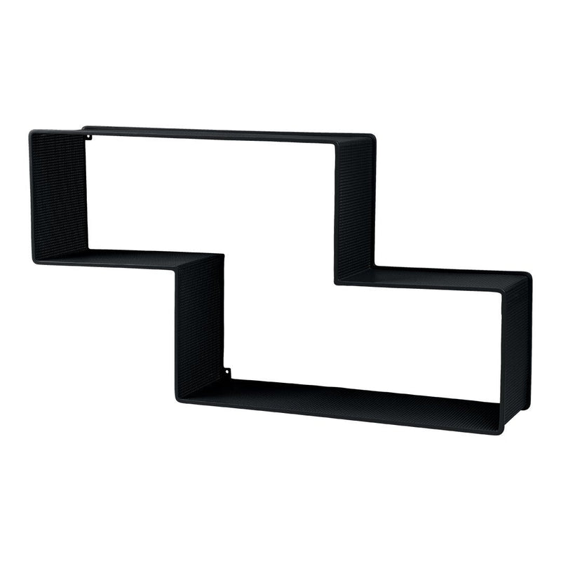 Black geometric wall shelf with a modern zigzag design and clean lines. Ideal for contemporary decor.