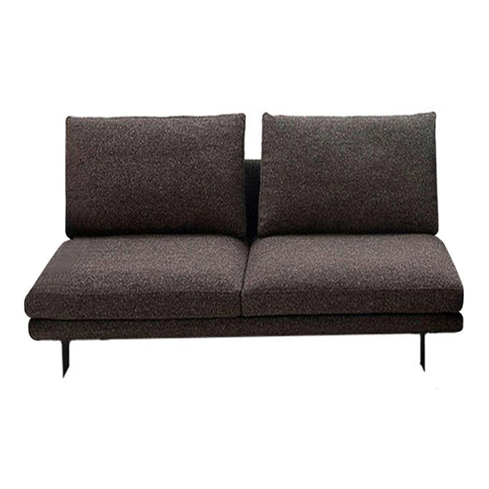 Modern two-seat sofa in dark gray with subtle textured fabric pattern and sleek black metal legs.