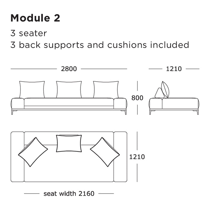 Modern three-seater sofa design with simple lines and neutral color scheme, featuring four decorative cushions.