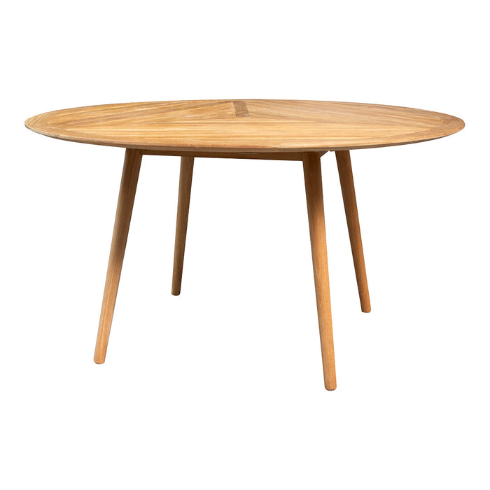 Round wooden table with a natural wood finish and simple, elegant design. Light brown color with subtle grain pattern.