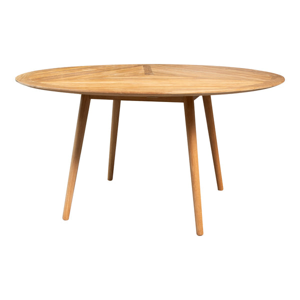 Natural wood round dining table with a light oak finish and smooth grain pattern, featuring tapered legs.
