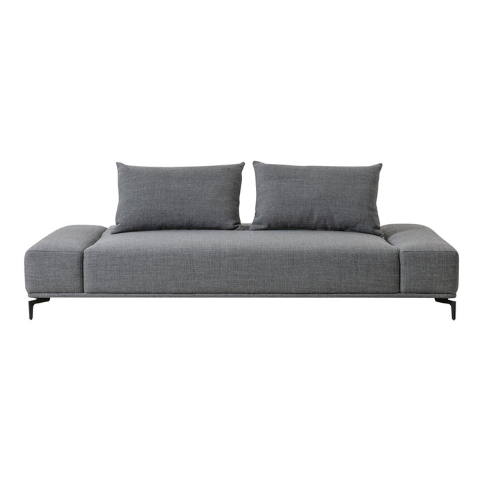 Gray upholstered sofa with sleek, minimalist design and two matching back cushions.