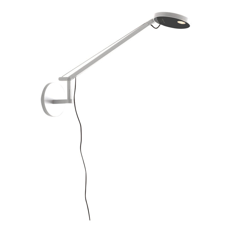 Sleek white wall lamp with a black shade, featuring a modern design and minimalist lines. Perfect for contemporary decor.