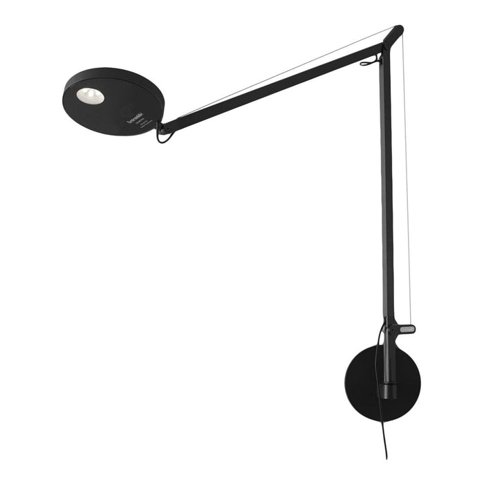 Modern black wall lamp with sleek design and minimalist style, featuring a circular shade and straight lines.