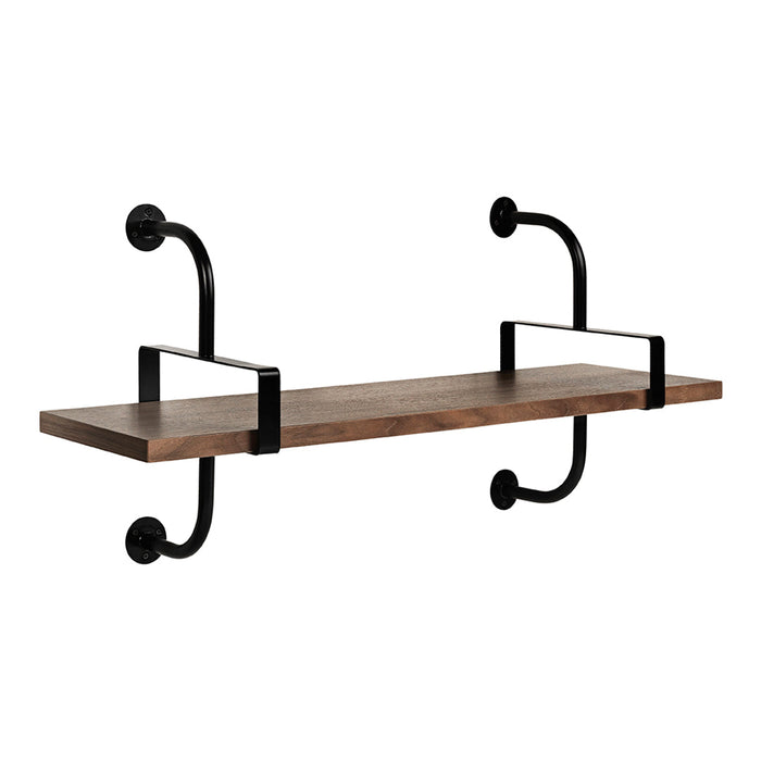 Rustic wood shelf with dark metal brackets, featuring a natural grain pattern and a sleek, industrial design.