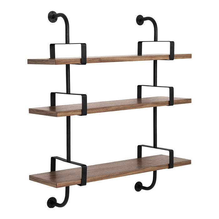 Wooden wall shelves in natural brown, accented with sleek black metal brackets for a modern industrial look.