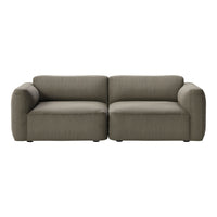 Contemporary two-seat sofa in a soft olive green fabric with a smooth texture and minimalist design.