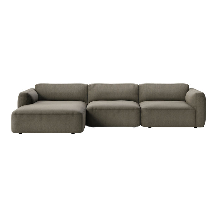 L-shaped sectional sofa in a solid olive green fabric with a soft, textured finish. Modern and cozy design.