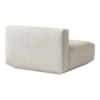 "Soft beige upholstered sectional sofa with a minimalist design and smooth, solid fabric texture."