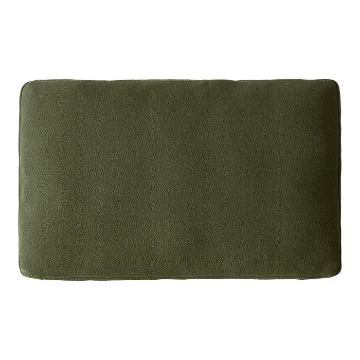 Rectangular pillow in a rich olive green color with a smooth, solid texture. Ideal for modern decor.