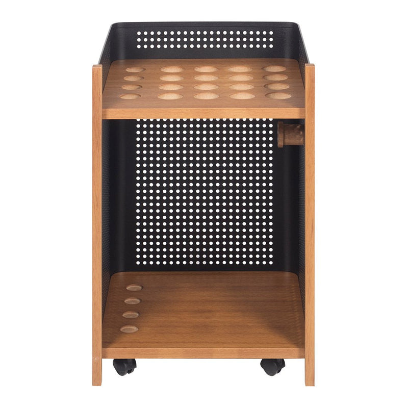 "Wooden cart with a natural oak finish and a sleek black perforated metal sides, enhancing modern decor."
