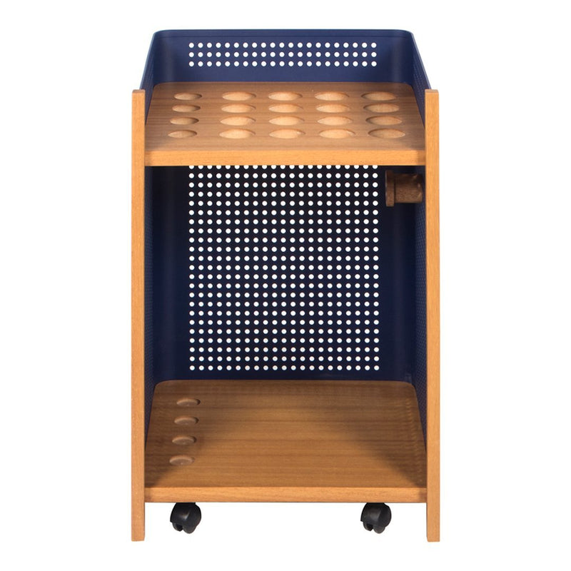 Navy blue and natural wood shelf with perforated design and smooth, round cutouts for a modern look.
