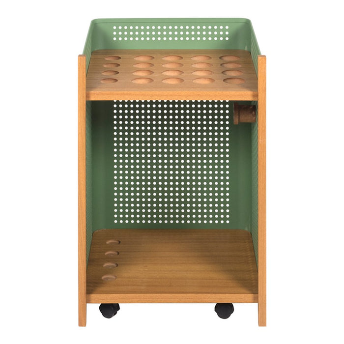 "Green perforated metal shelf with light wooden accents and round cutouts, creating a modern, stylish look."