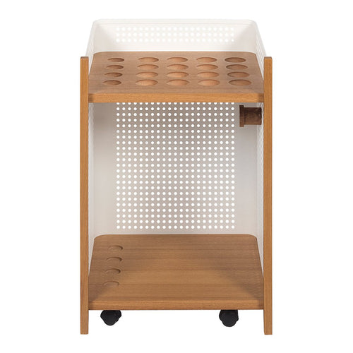 Wooden rolling cart with a natural finish, featuring a white perforated mesh design and smooth contours.