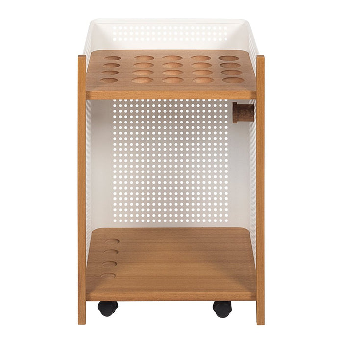 Wooden rolling cart with a natural finish, featuring a white perforated mesh design and smooth contours.