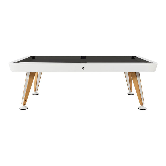 Modern pool table featuring a sleek black felt surface and a white frame with natural wood legs.