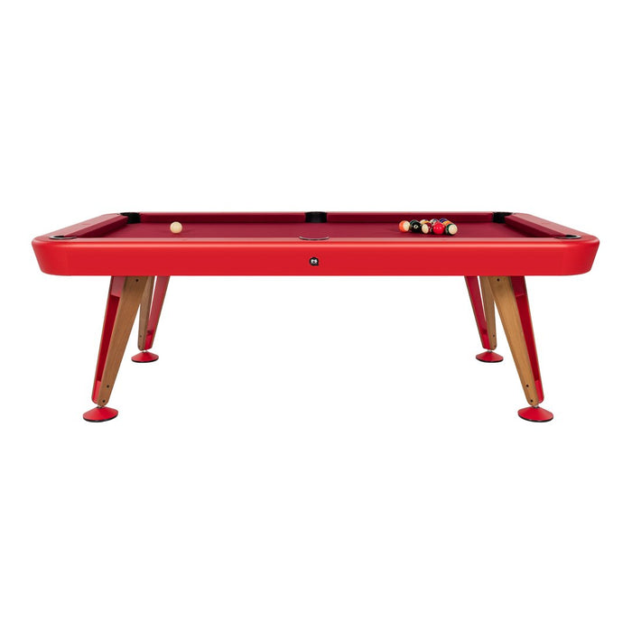 Red pool table with wood legs and black trim, featuring a matching red felt surface and colorful billiard balls.