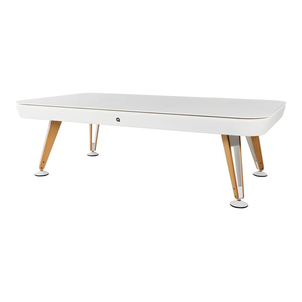 Modern white coffee table with sleek wooden legs and minimalist design, perfect for contemporary decor.