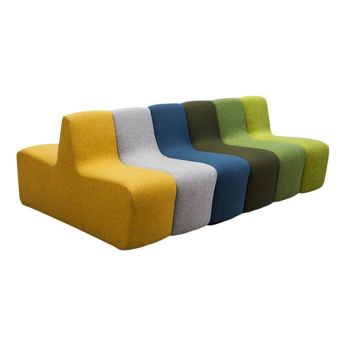 Colorful sectional sofa featuring vibrant yellow, blue, grey, green, and dark green patterns for modern decor.