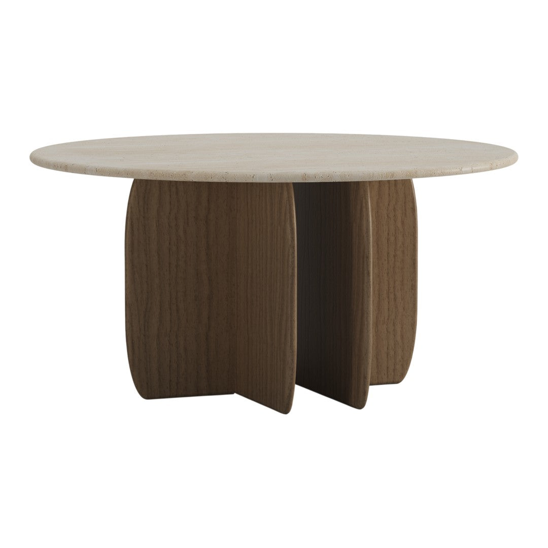Round coffee table featuring a light marble top and a sculptural walnut wood base, showcasing organic shapes and textures.