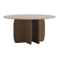 Round coffee table featuring a light marble top and a sculptural walnut wood base, showcasing organic shapes and textures.