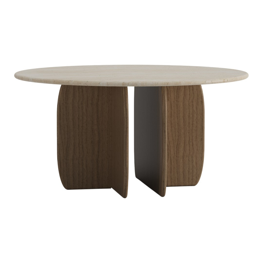Round table with a smooth white top and contrasting brown wood base, featuring a modern, minimalist design.