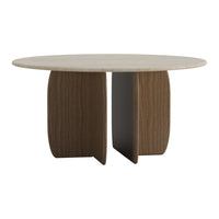 Round table with a smooth white top and contrasting brown wood base, featuring a modern, minimalist design.