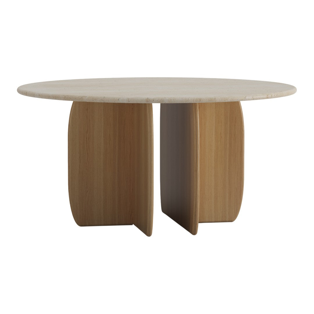 Round marble tabletop with light wood base; sleek, minimalist design; natural tones and smooth textures.