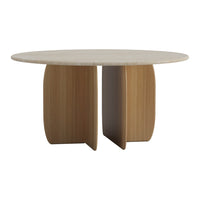 Round marble tabletop with light wood base; sleek, minimalist design; natural tones and smooth textures.