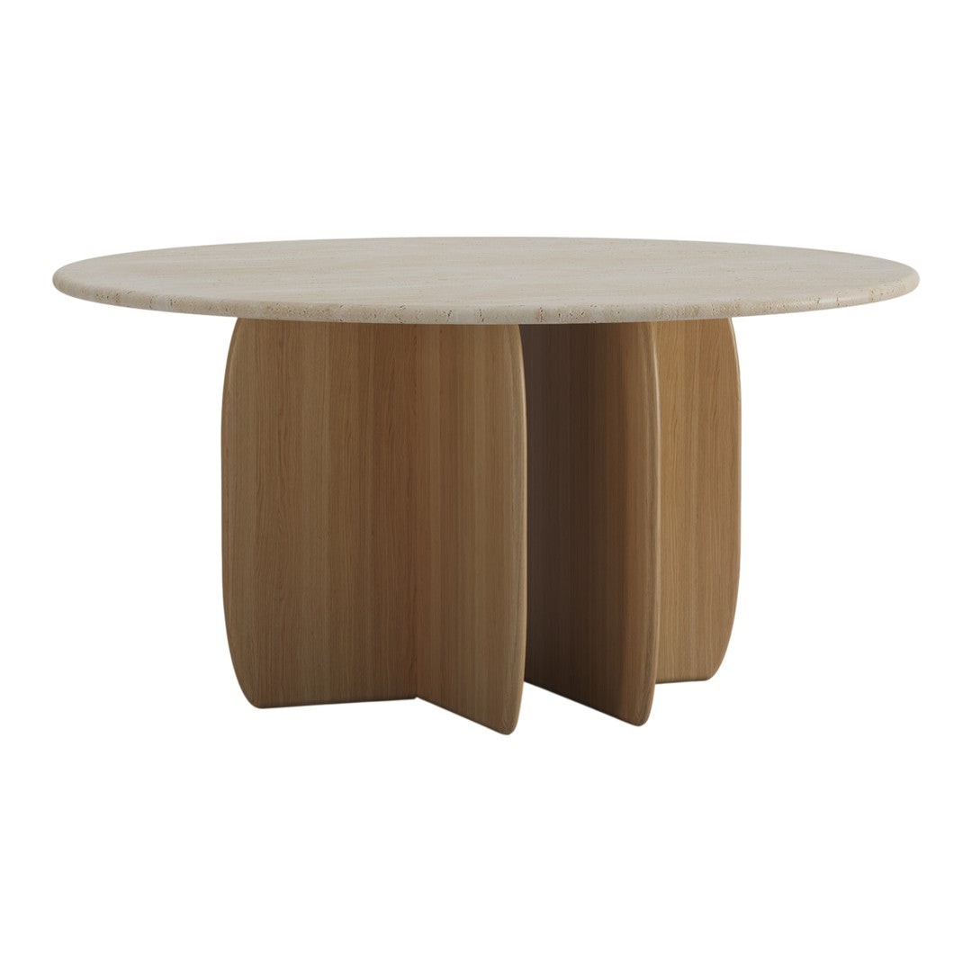 Round table featuring a light wood finish and smooth, minimalist design with curved legs. Elegant and modern aesthetic.