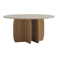 Round table featuring a light wood finish and smooth, minimalist design with curved legs. Elegant and modern aesthetic.