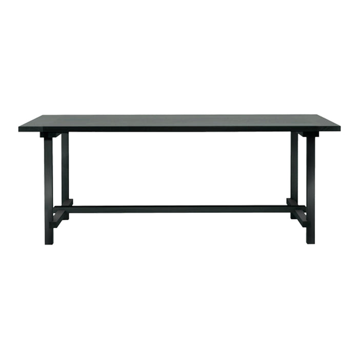 Black rectangular dining table with a smooth surface and minimalist design, featuring sturdy black metal legs.