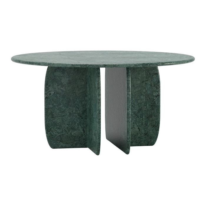 Round green marble table with a textured surface and sleek black accents, perfect for modern decor.