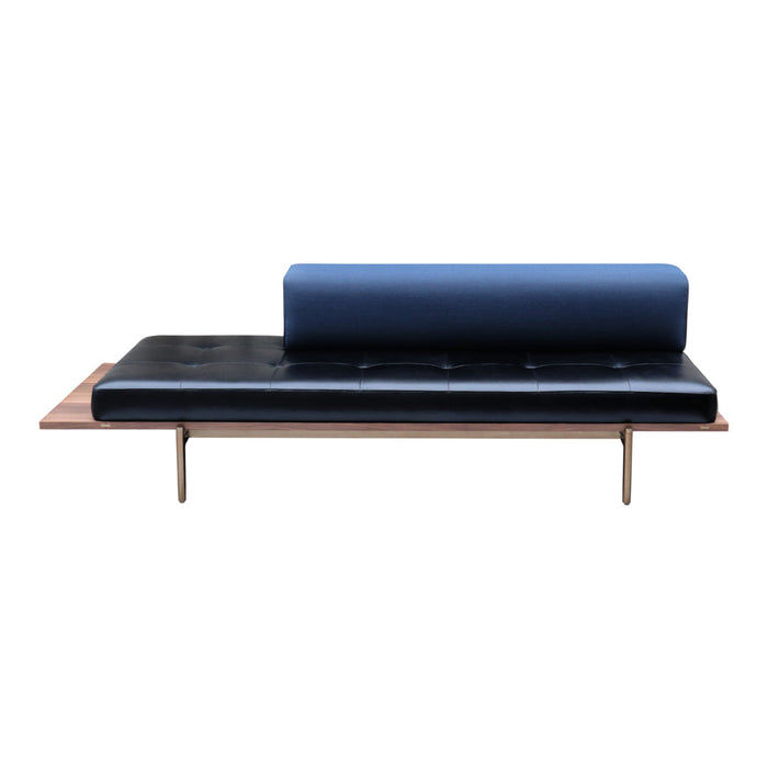 Modern sofa featuring a sleek black leather seat and a cylindrical blue backrest with a smooth wood platform.