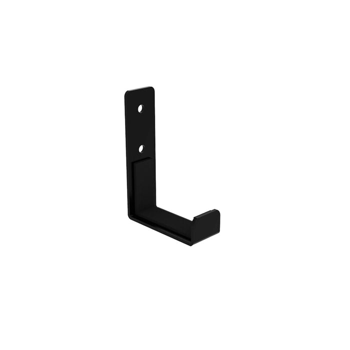 Black metal L-shaped wall hook with a smooth finish, ideal for various organizational needs.