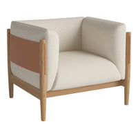 Beige and cream cushion armchair with brown accent panel and light wood frame, offering a modern, minimalist design.