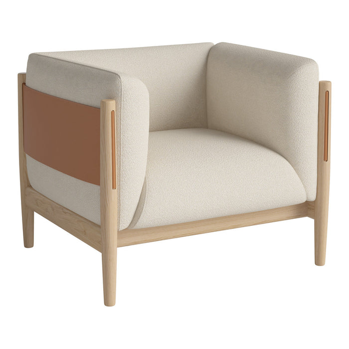 Beige and tan armchair with minimalist design and wooden frame, featuring geometric color blocking.