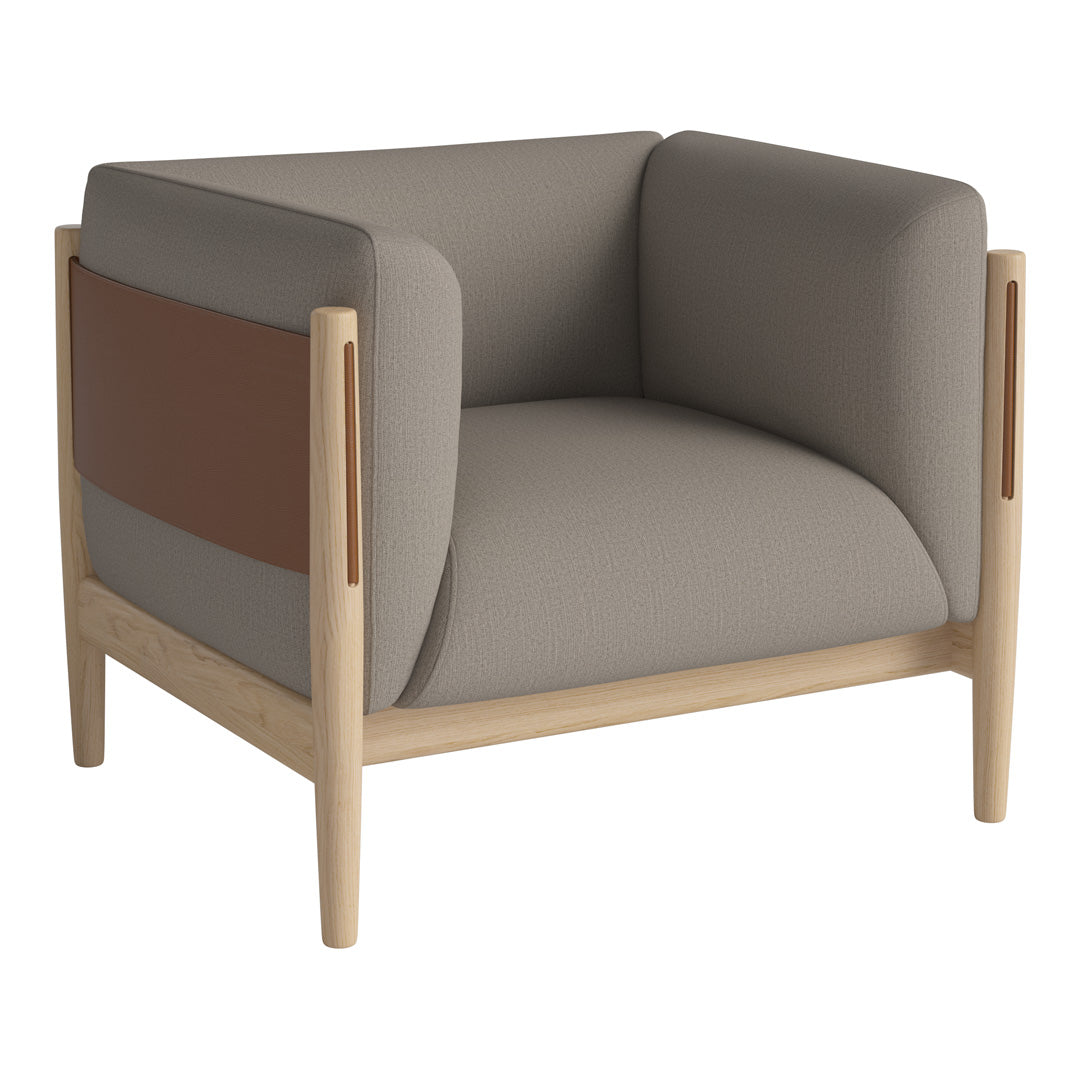 "Modern armchair with a mix of gray upholstery and a brown leather accent, featuring a light wood frame."