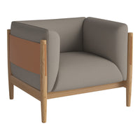Modern armchair featuring gray upholstery with a brown accent, showcasing clean lines and a minimalist design.