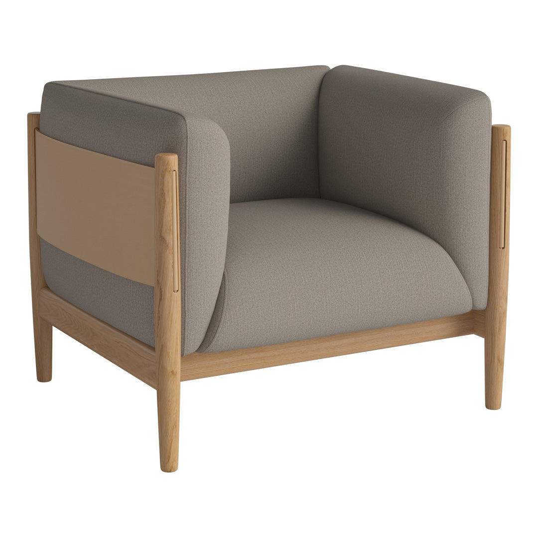 Stylish armchair in gray and beige with a modern wood frame and smooth, minimalist design. Perfect for contemporary spaces.
