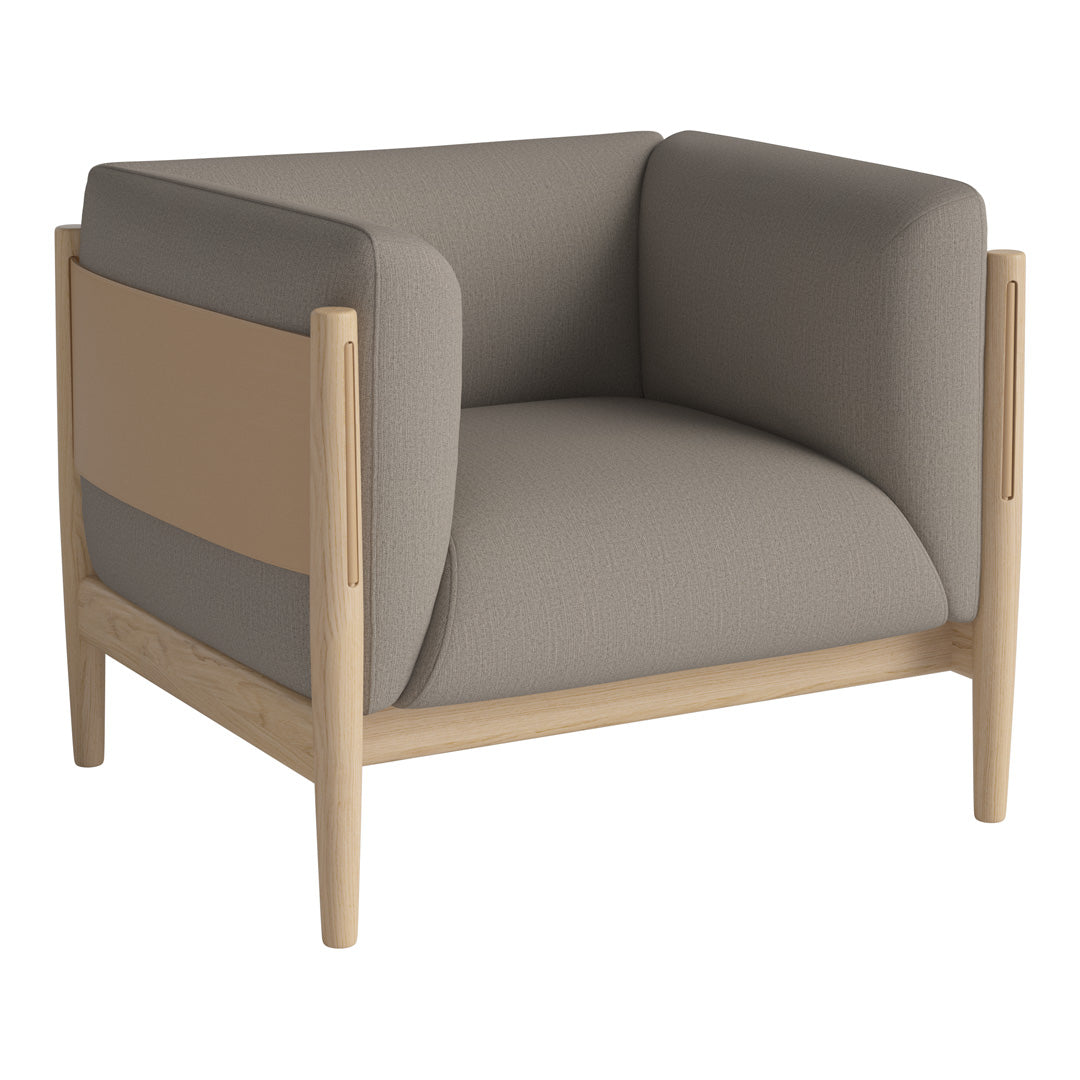 Modern armchair in soft gray and beige tones with a minimalist wood frame and smooth, curved upholstery design.