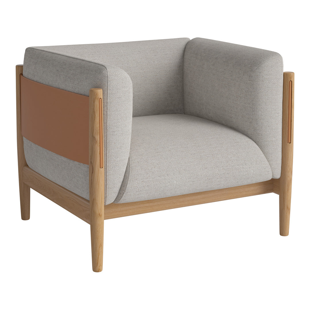 Stylish gray and beige armchair with wood accents and a modern design. Perfect for contemporary home decor.