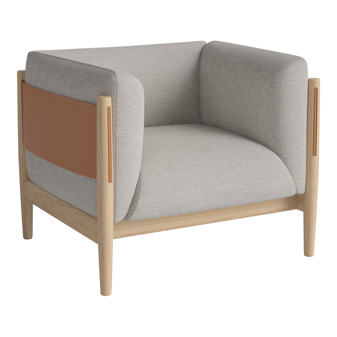 Gray upholstered armchair with a contrasting brown panel and light wooden frame, featuring smooth, modern lines.
