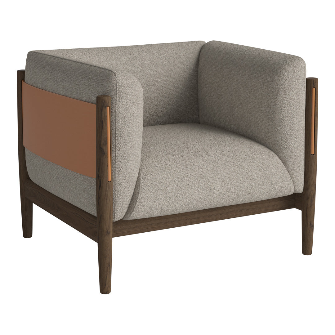 Gray upholstered armchair with a sleek brown wooden frame and a contrasting tan leather accent. Modern and stylish design.