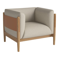 Beige and light brown armchair with a modern design, featuring a smooth fabric and wooden frame accents.
