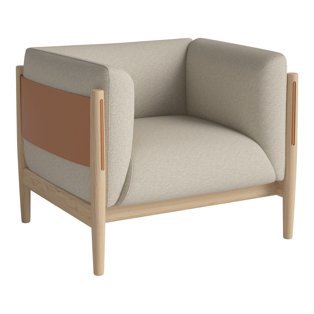 Beige and tan armchair with a minimalist design, featuring a soft fabric seat and wooden frame accents.