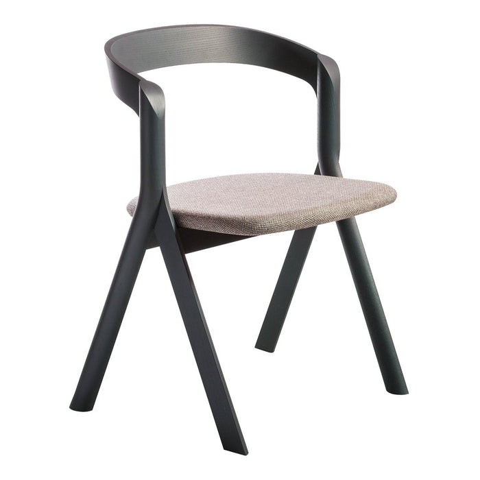 Modern black wooden chair with a soft beige upholstered seat, featuring clean lines and a minimalist design.