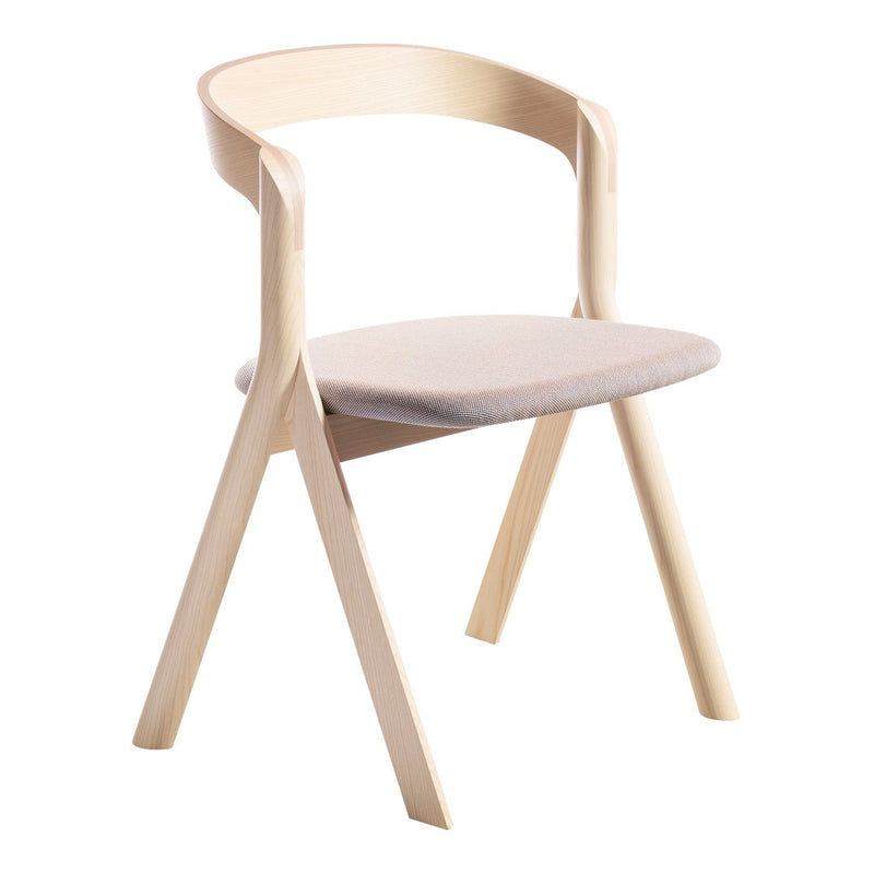 Light wood chair with a curved back and a soft, light gray upholstered seat, creating a modern and minimalist look.