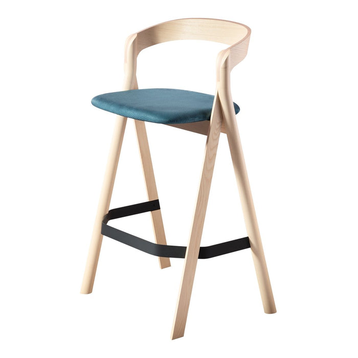 Light wood bar stool with a teal seat and a black footrest, featuring a sleek, modern design.