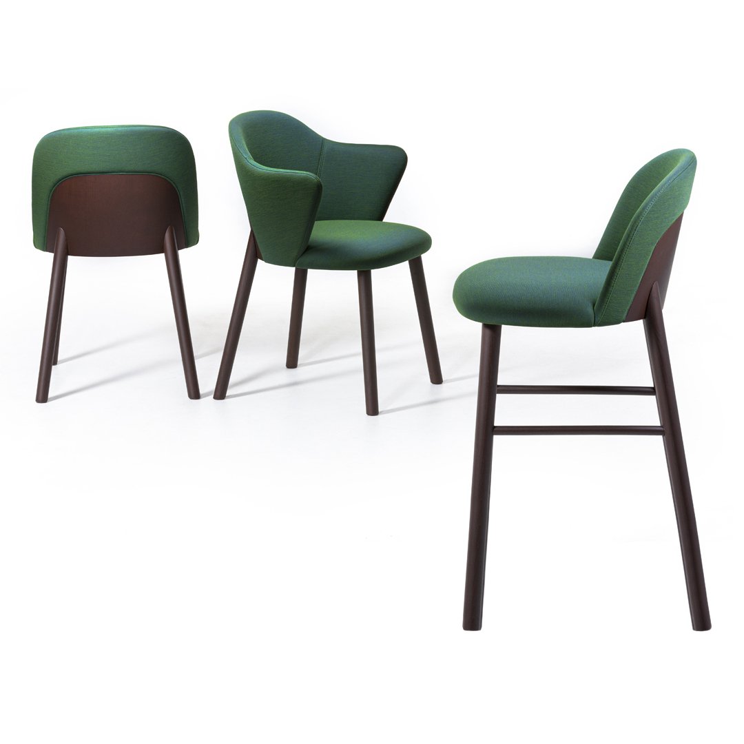 Green upholstered chairs with dark wood legs, featuring a sleek, modern design. Perfect for stylish home decor.